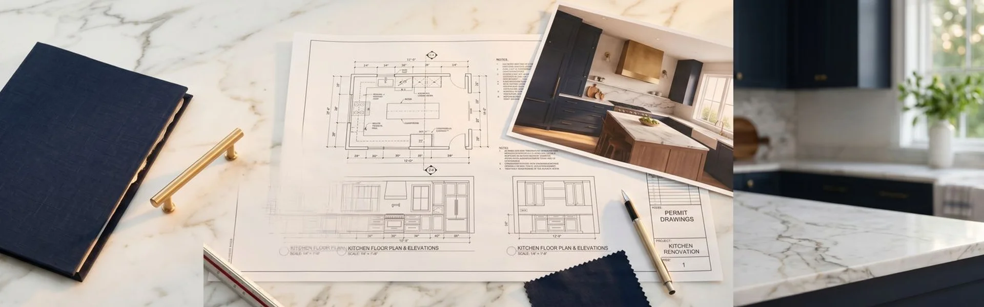 Architectural kitchen drawings and 3D rendering on marble counter