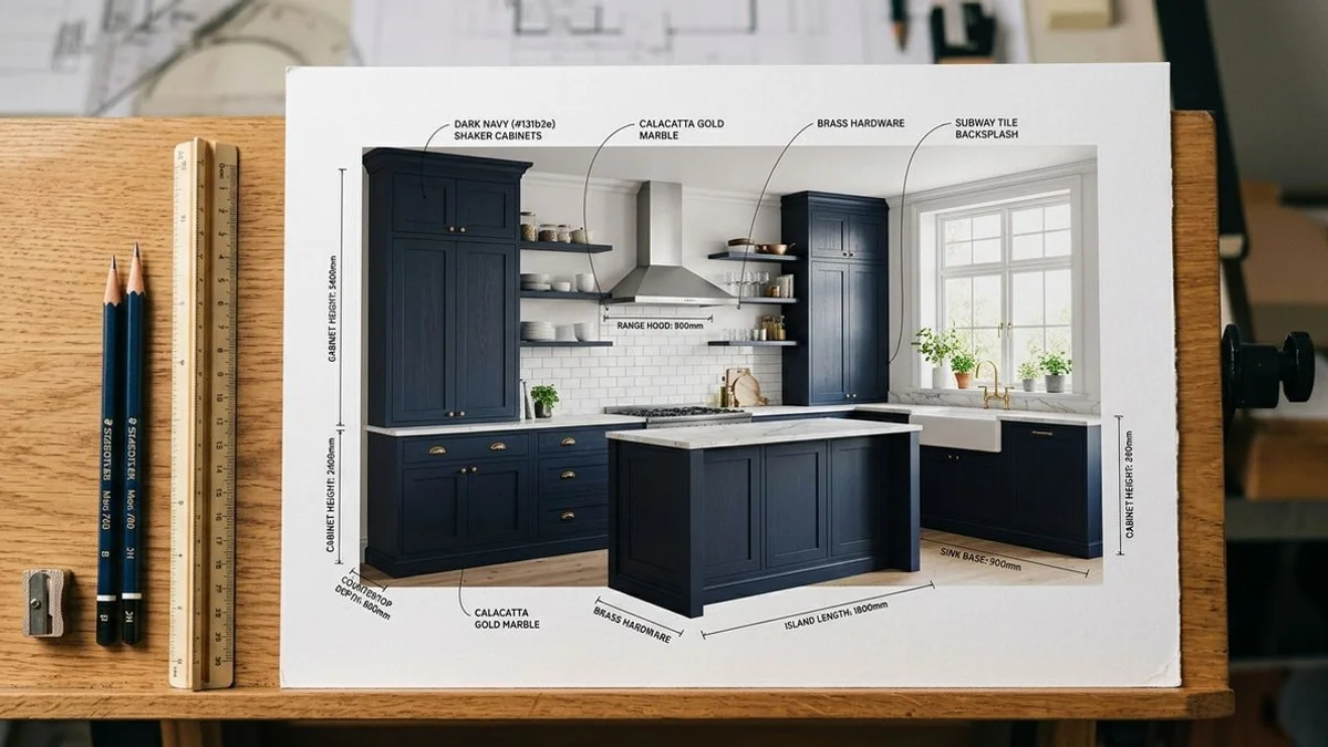 3D rendering of custom kitchen cabinet design with annotations