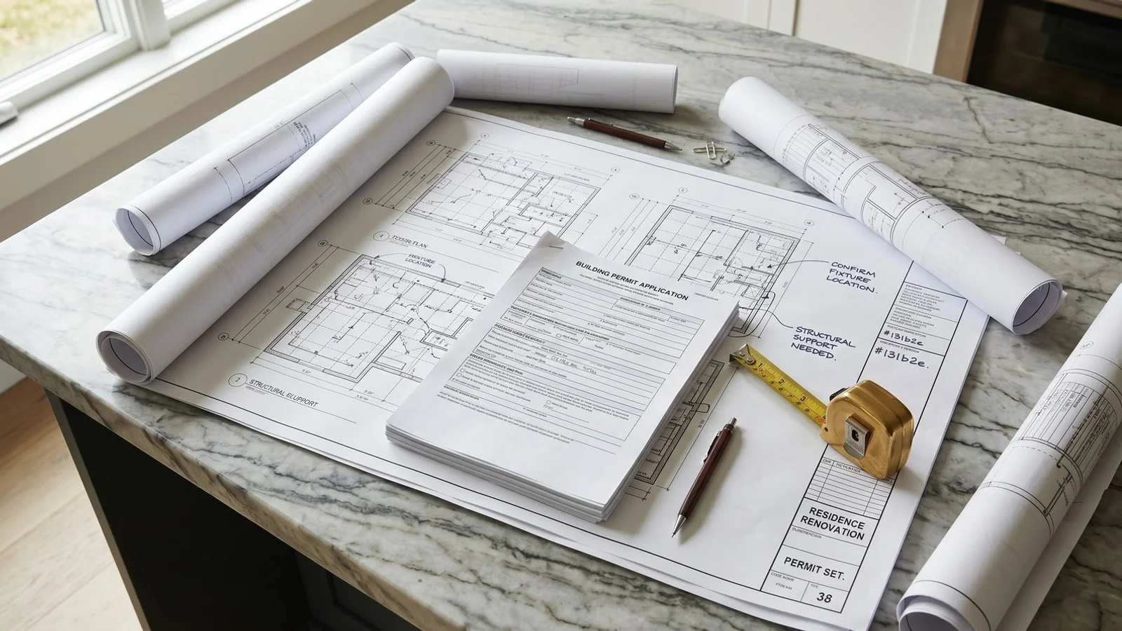 Architectural drawings and a Toronto Building permit document on a kitchen island