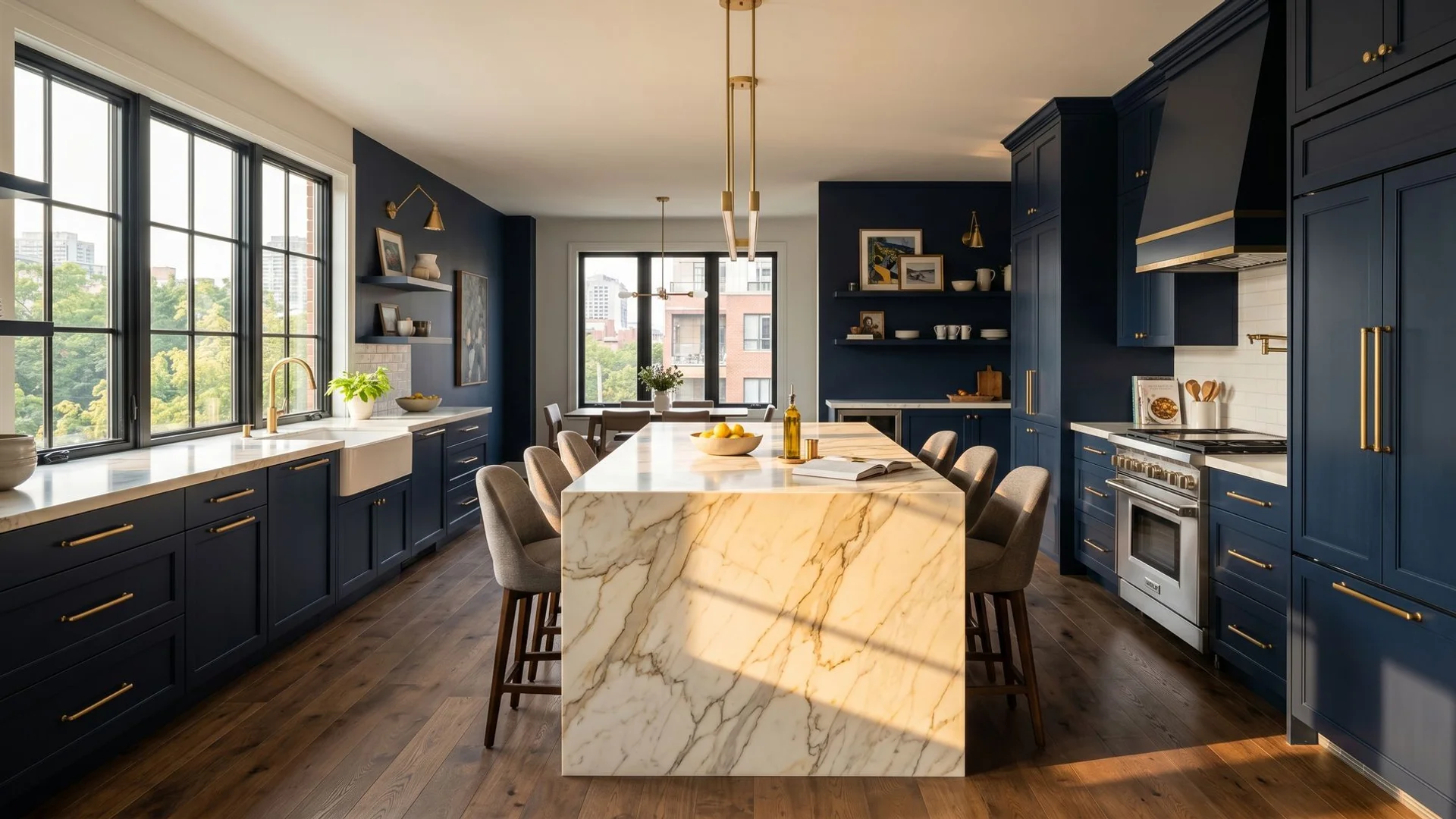 Architectural-precision Toronto kitchen renovation with marble waterfall island, custom cabinetry, and brass hardware