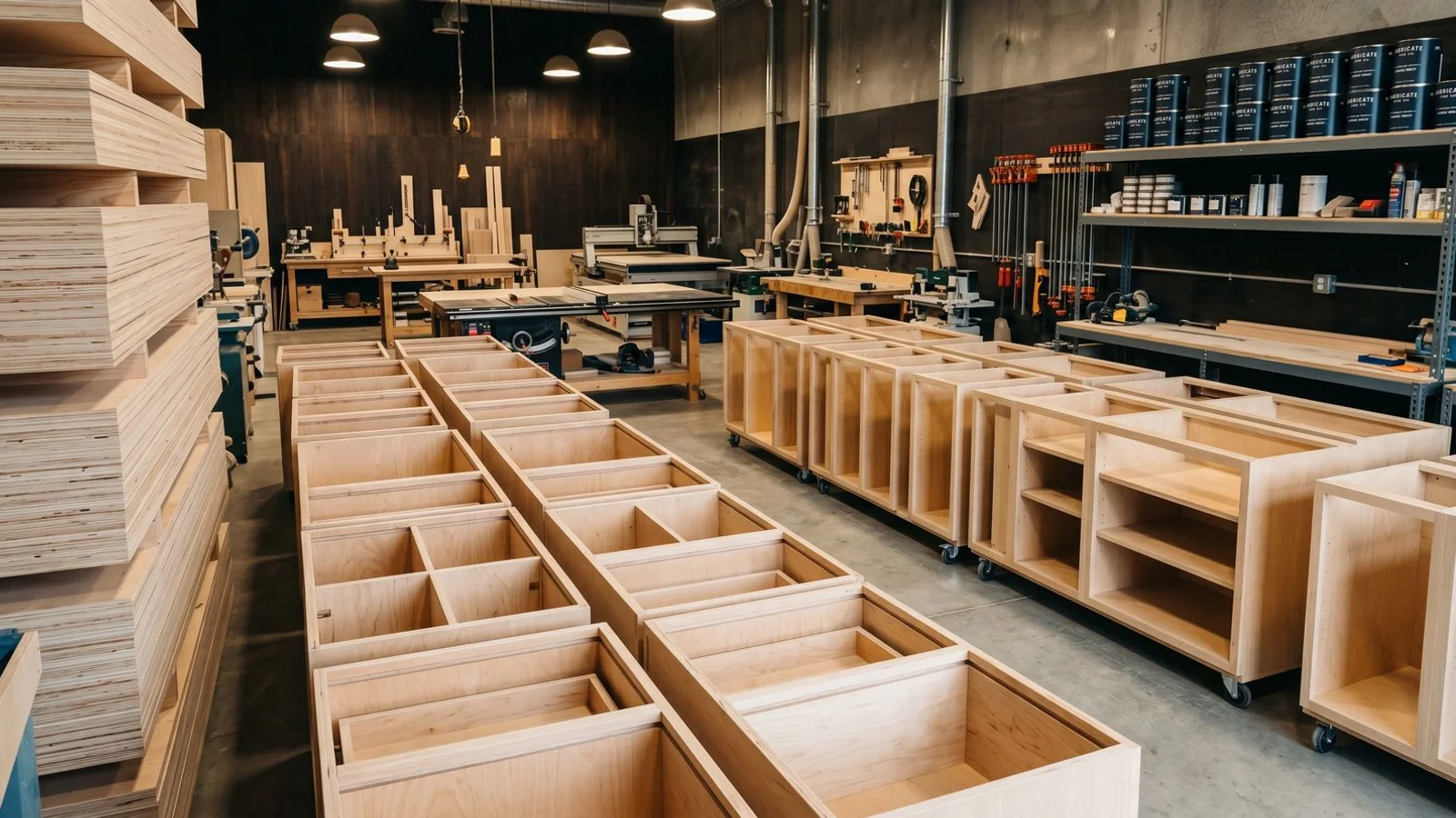 Cabinet shop floor with custom kitchen cabinets being assembled