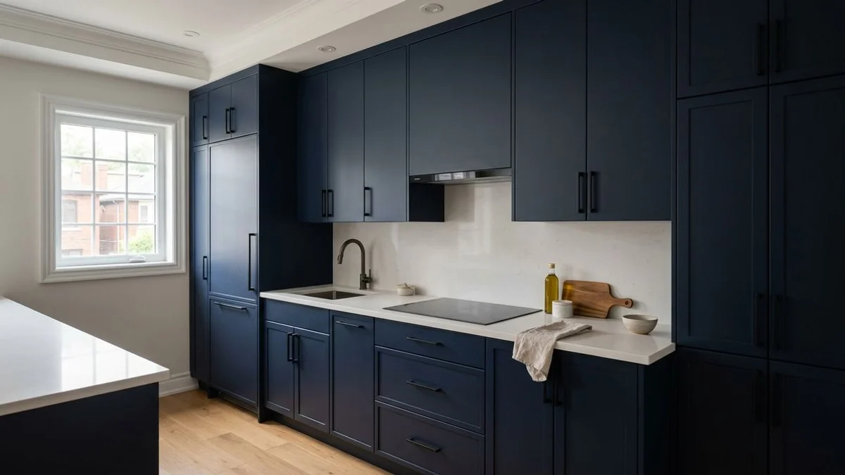Closed condo kitchen with full-height storage walls