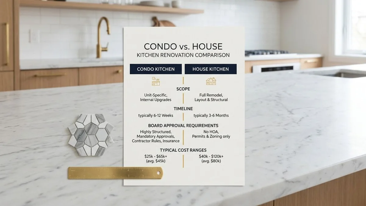 Comparison chart: condo vs house renovation scope, timeline, cost, restrictions