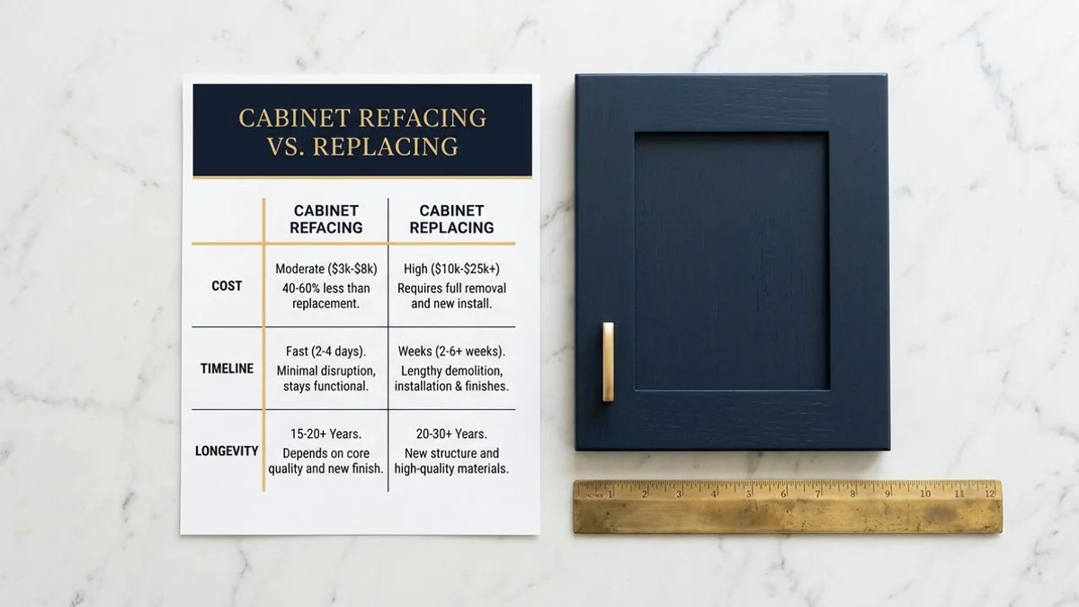 Comparison chart of refacing vs. replacing — cost, timeline, longevity