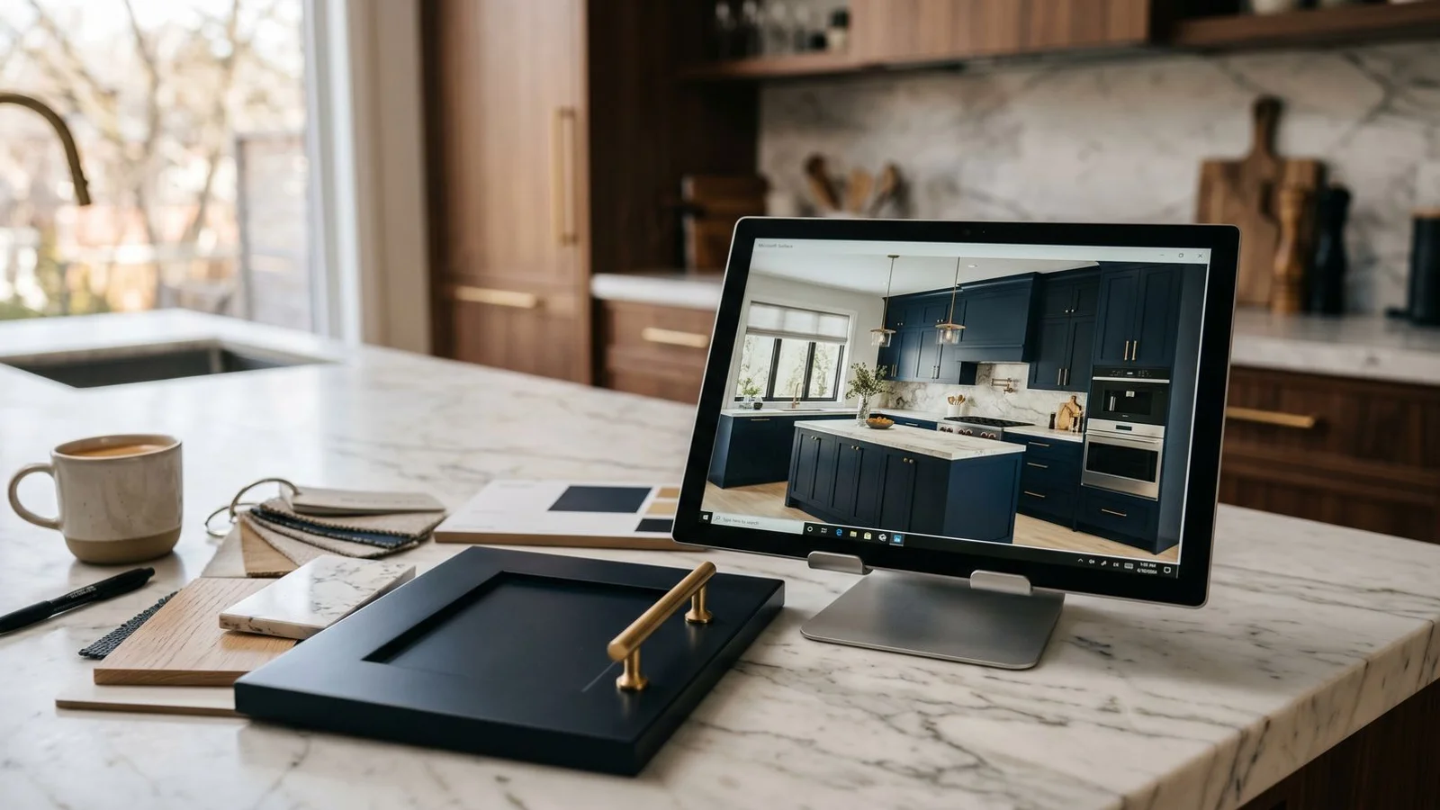 Designer presenting a 3D kitchen rendering on a tablet