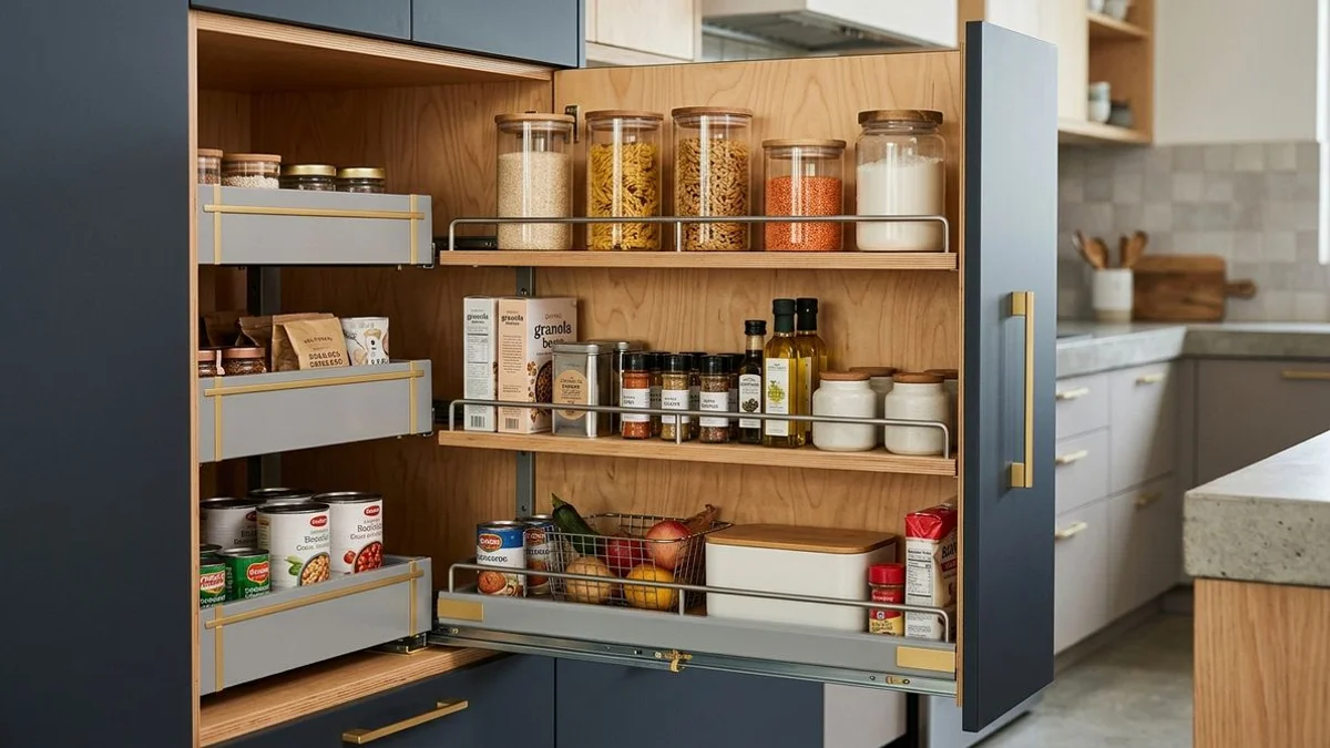 Detail of pull-out pantry mechanism with Blum hardware