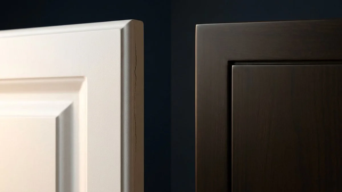 Close-up detail comparing stock and custom cabinet door finish quality