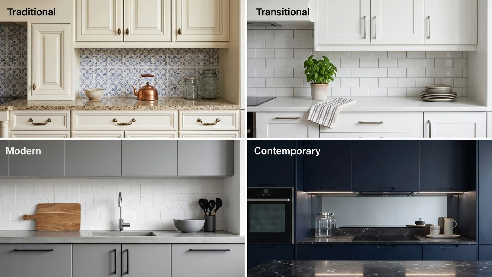 Four-panel collage of kitchen cabinet styles — traditional, transitional, modern, contemporary