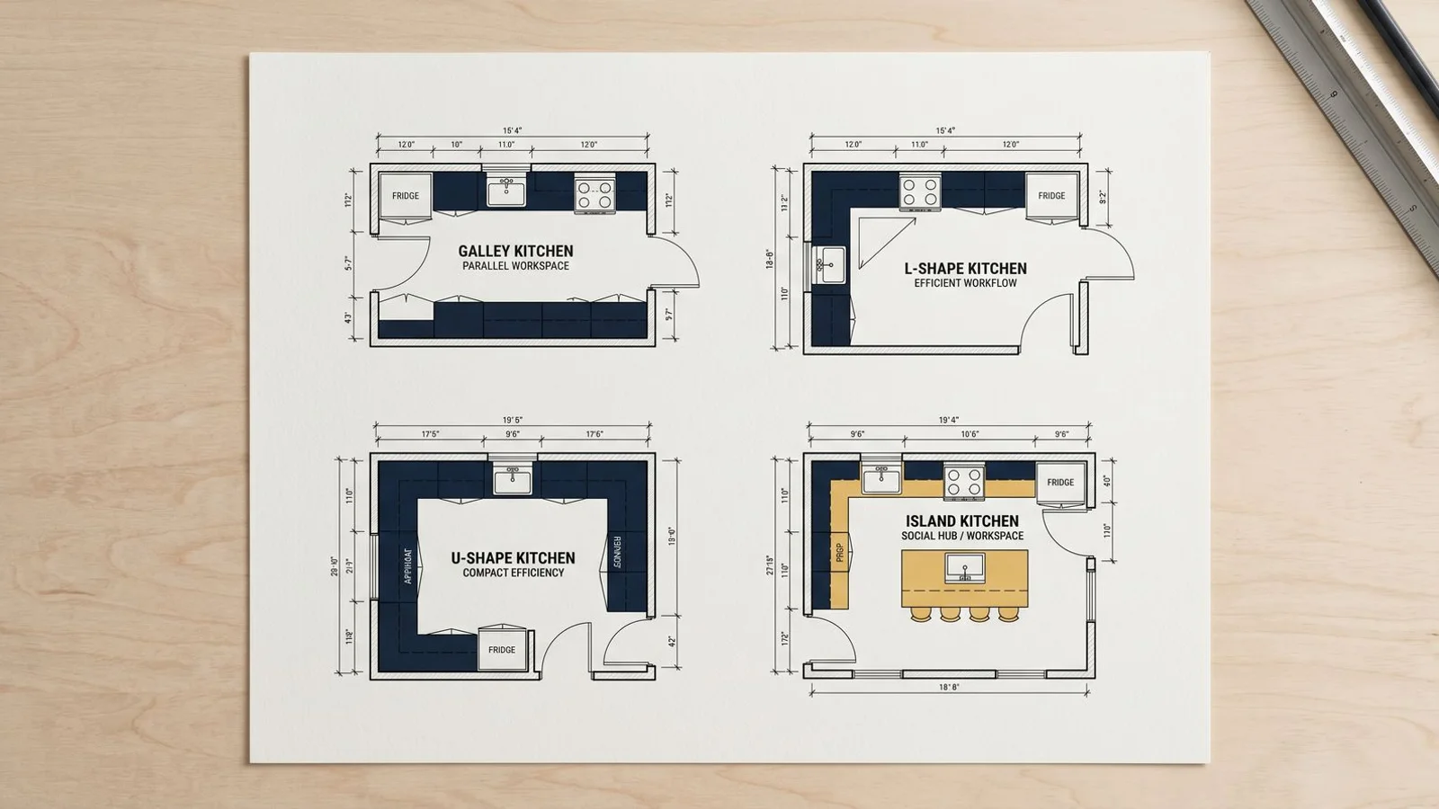 Four-panel collage of kitchen layouts — galley, L-shape, U-shape, island