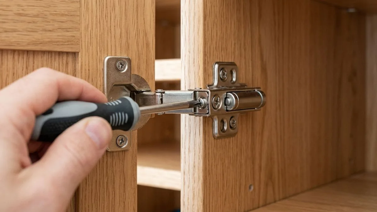 Hand adjusting a Blum soft-close hinge with a screwdriver