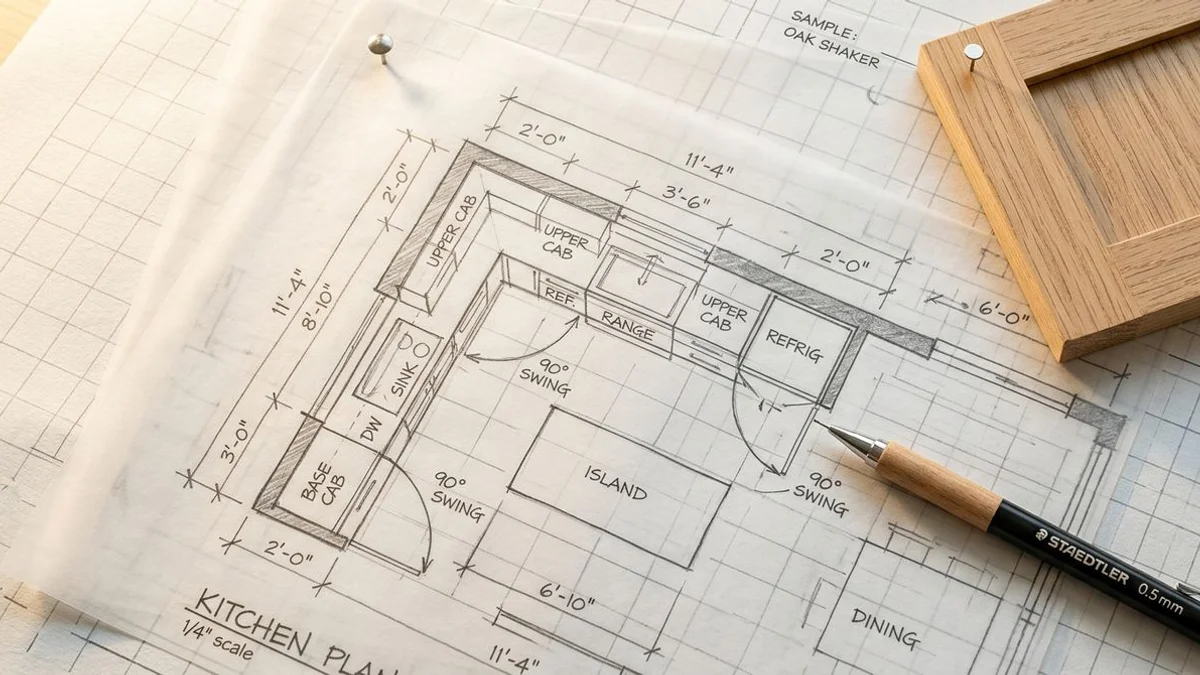 Hand sketching a kitchen layout on tracing paper