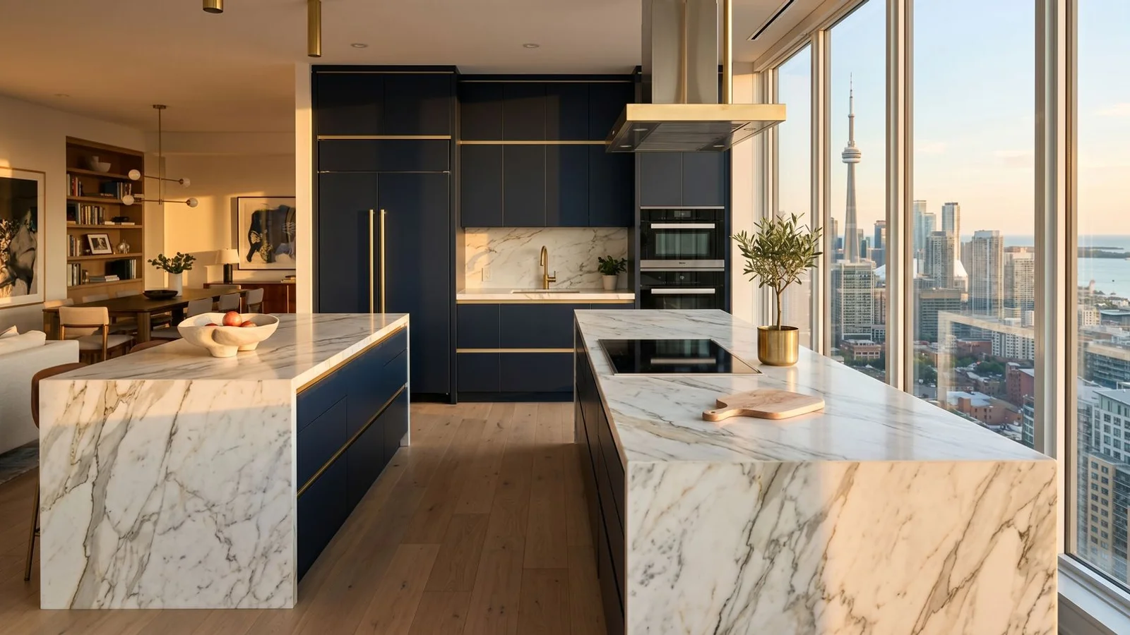 High-end Toronto downtown condo kitchen with marble counters and custom cabinetry