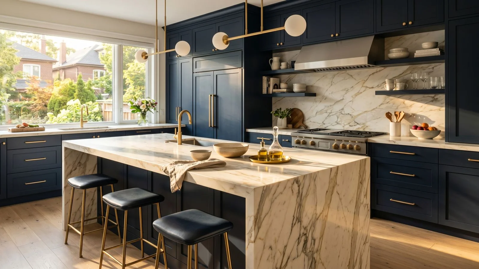 High-end Toronto kitchen with marble waterfall island and custom cabinetry