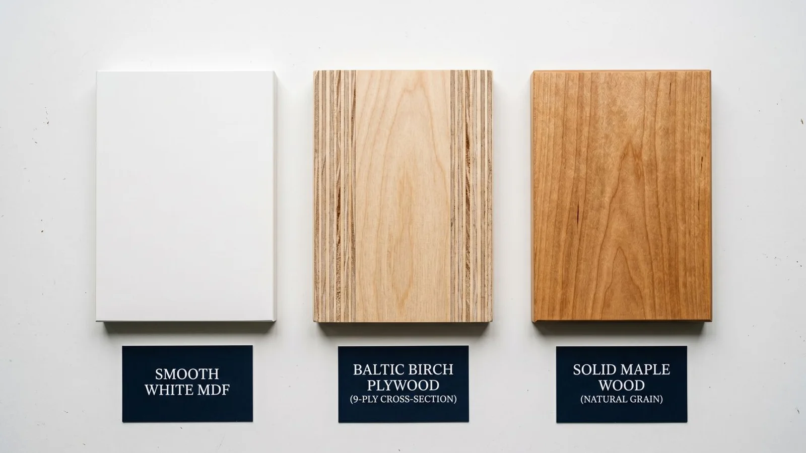 Cabinet material samples — MDF, plywood, and solid maple — laid out flat