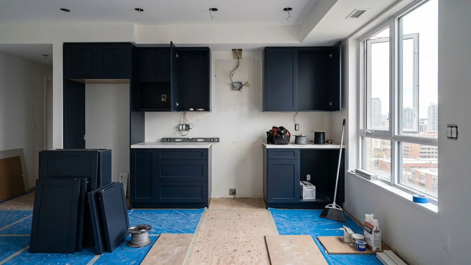 Modern Toronto condo kitchen mid-renovation with protective floor covering