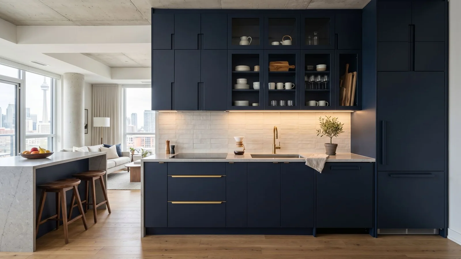 Modern Toronto condo kitchen with ceiling-height cabinets and integrated appliances