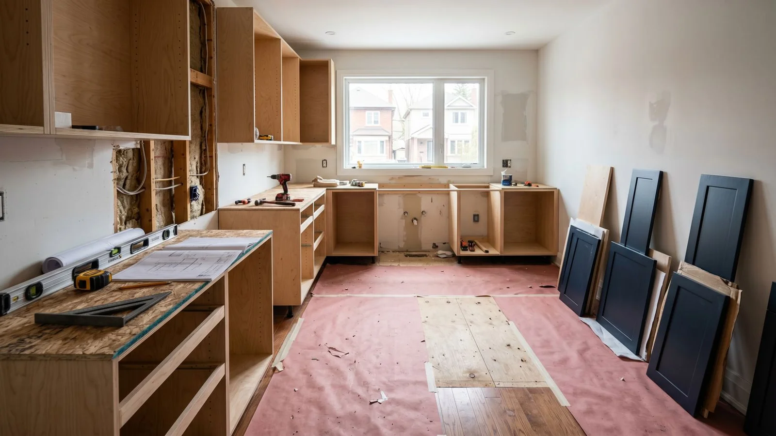 Modern Toronto kitchen mid-renovation with partially installed cabinets and protected hardwood floors