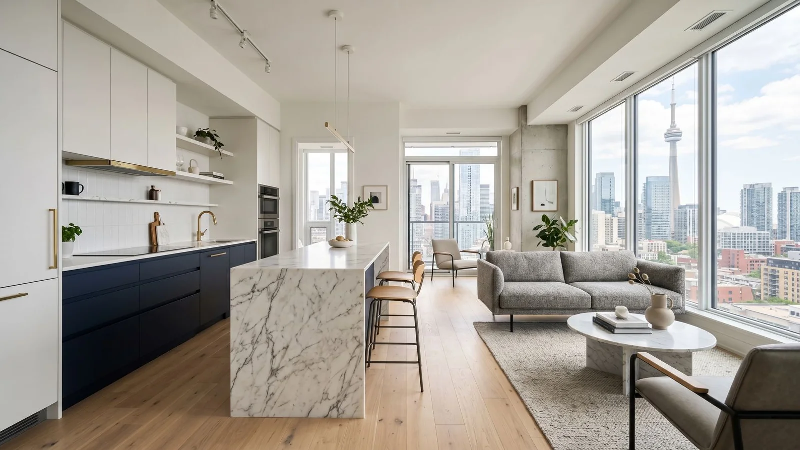 Open-concept Toronto condo kitchen flowing into the living area