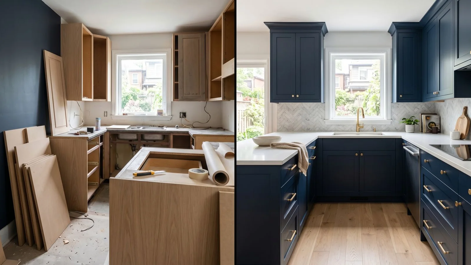 Side-by-side: kitchen mid-refacing vs. fully renovated kitchen