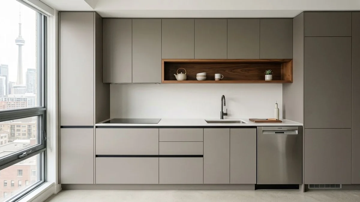 Single-wall condo kitchen with ceiling-height cabinets and an island cart in a downtown Toronto studio unit