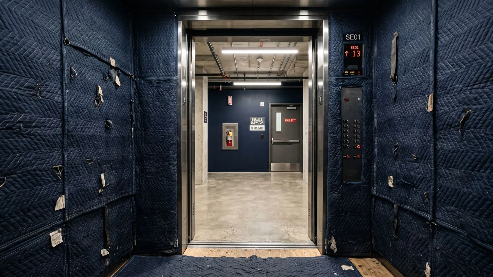 Toronto condo service entrance with elevator wrapped in protective padding