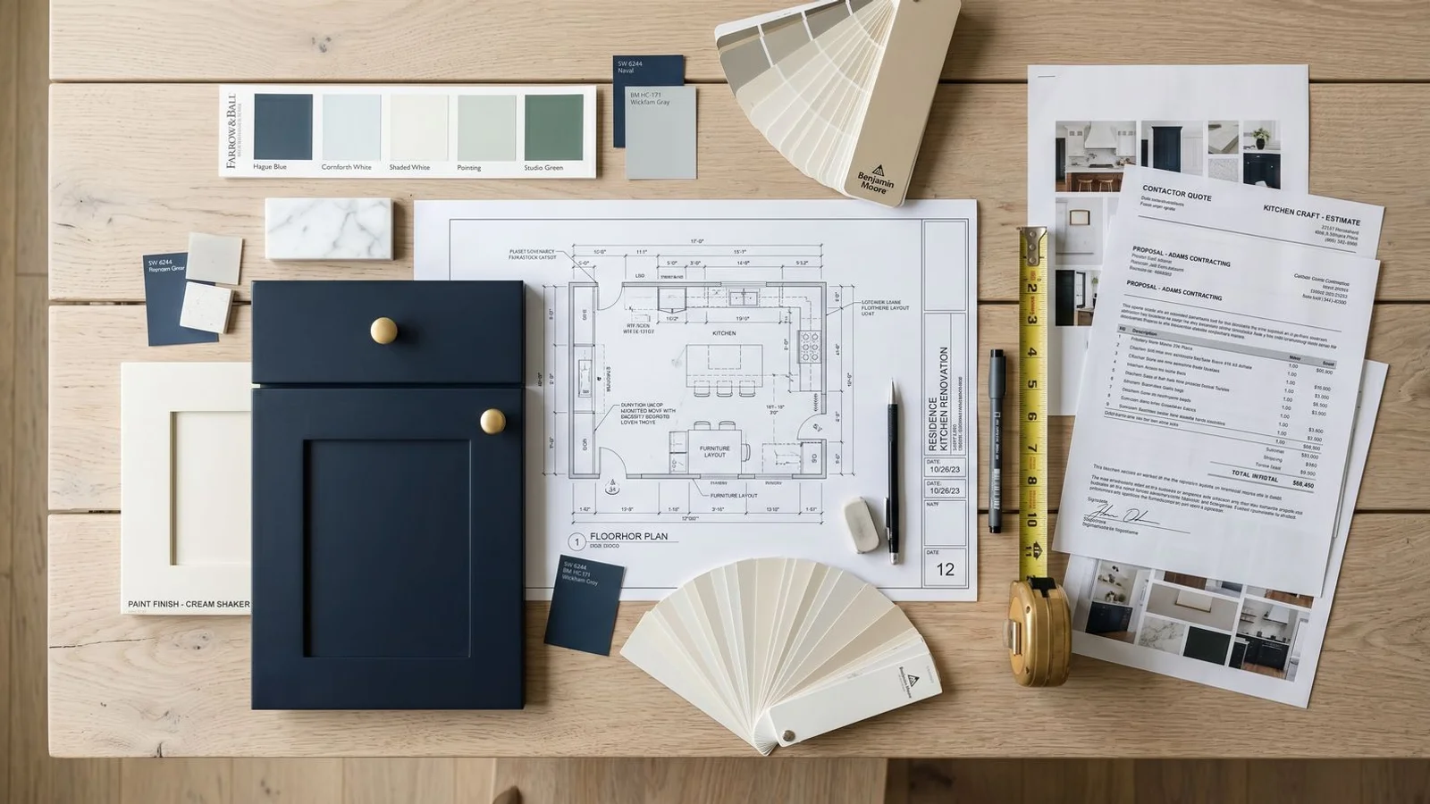 Toronto kitchen planning materials laid out — sketches, paint chips, cabinet samples