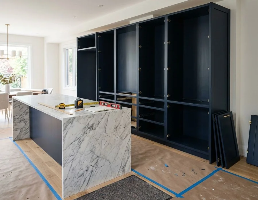 Our team installing custom cabinets in a modern Toronto kitchen