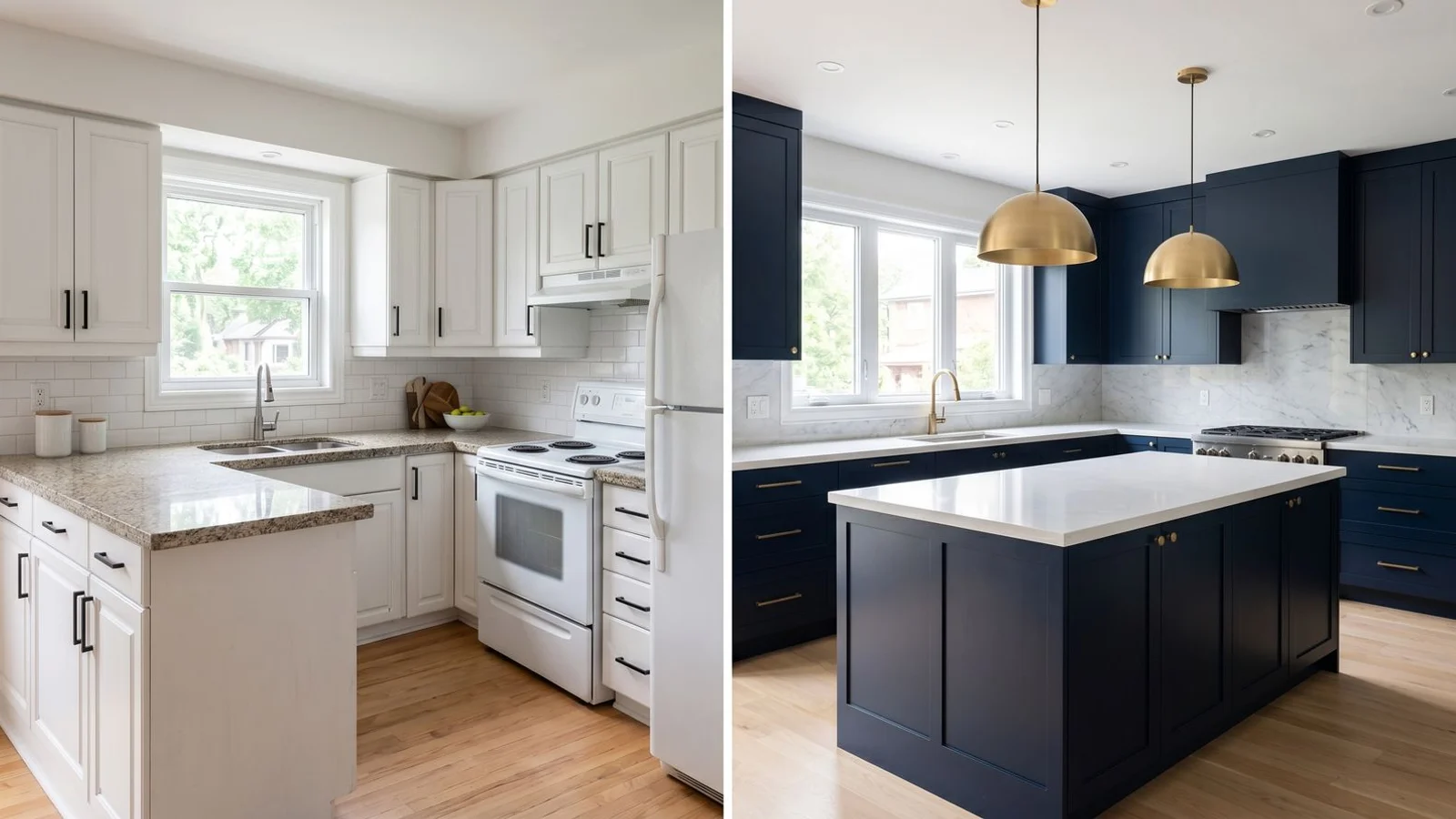 Two completed Toronto kitchens shown side by side — cosmetic refresh next to full structural remodel