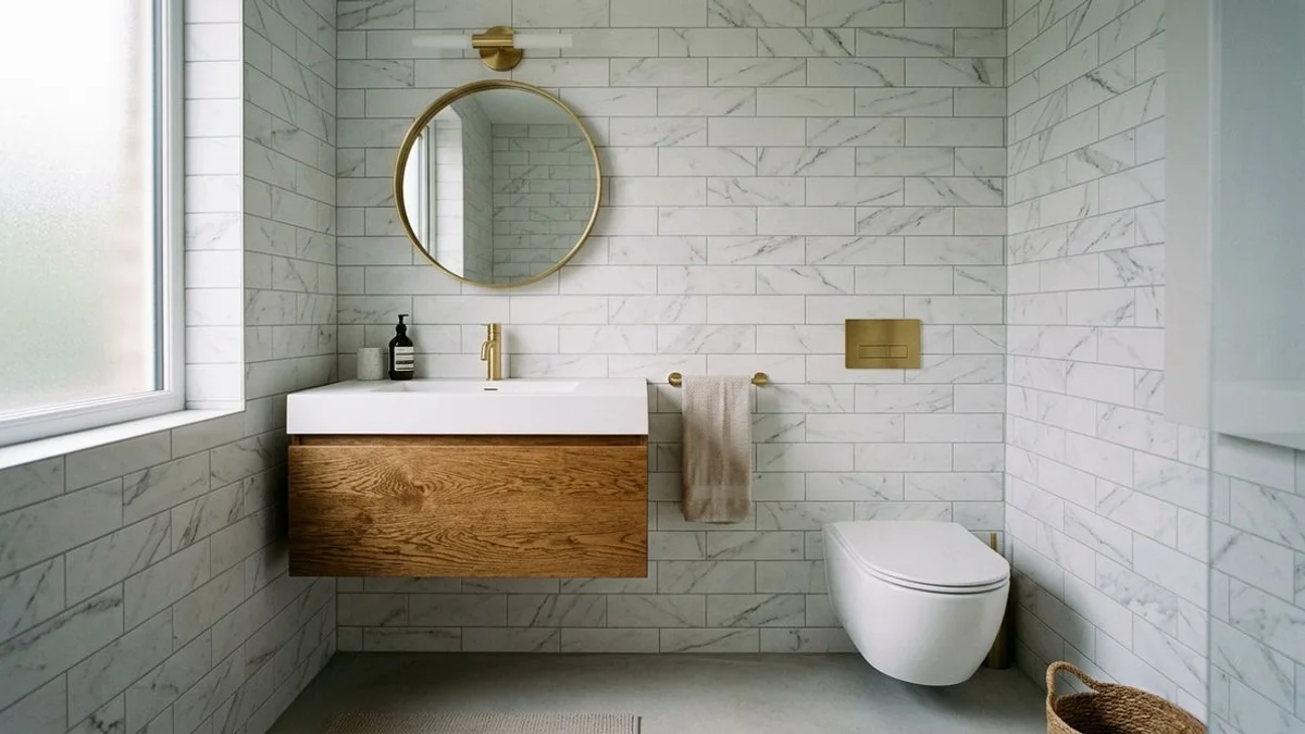 Wall-hung toilet and floating vanity in a small bathroom